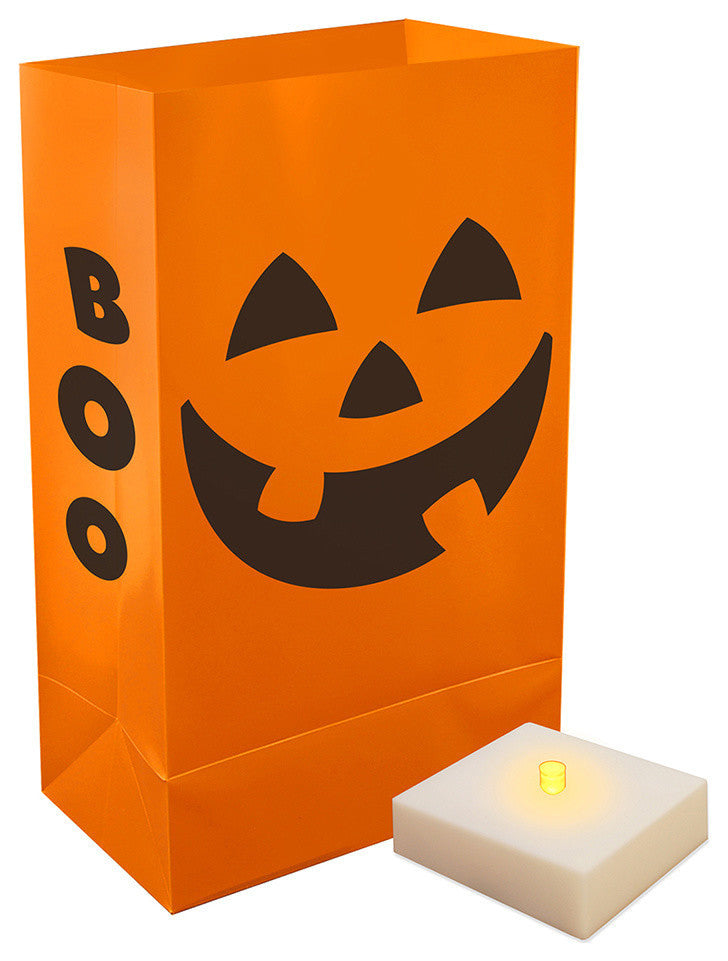 Battery Operated Luminaria Kit With Timer, Orange Jack O'' Lantern, 12-Piece Set