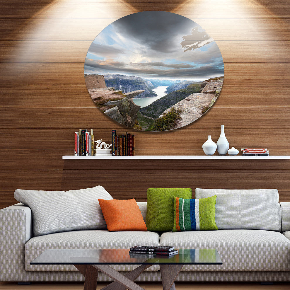 Norway Rocky Terrains Under Clouds, Beach Round Metal Wall Art, 36"