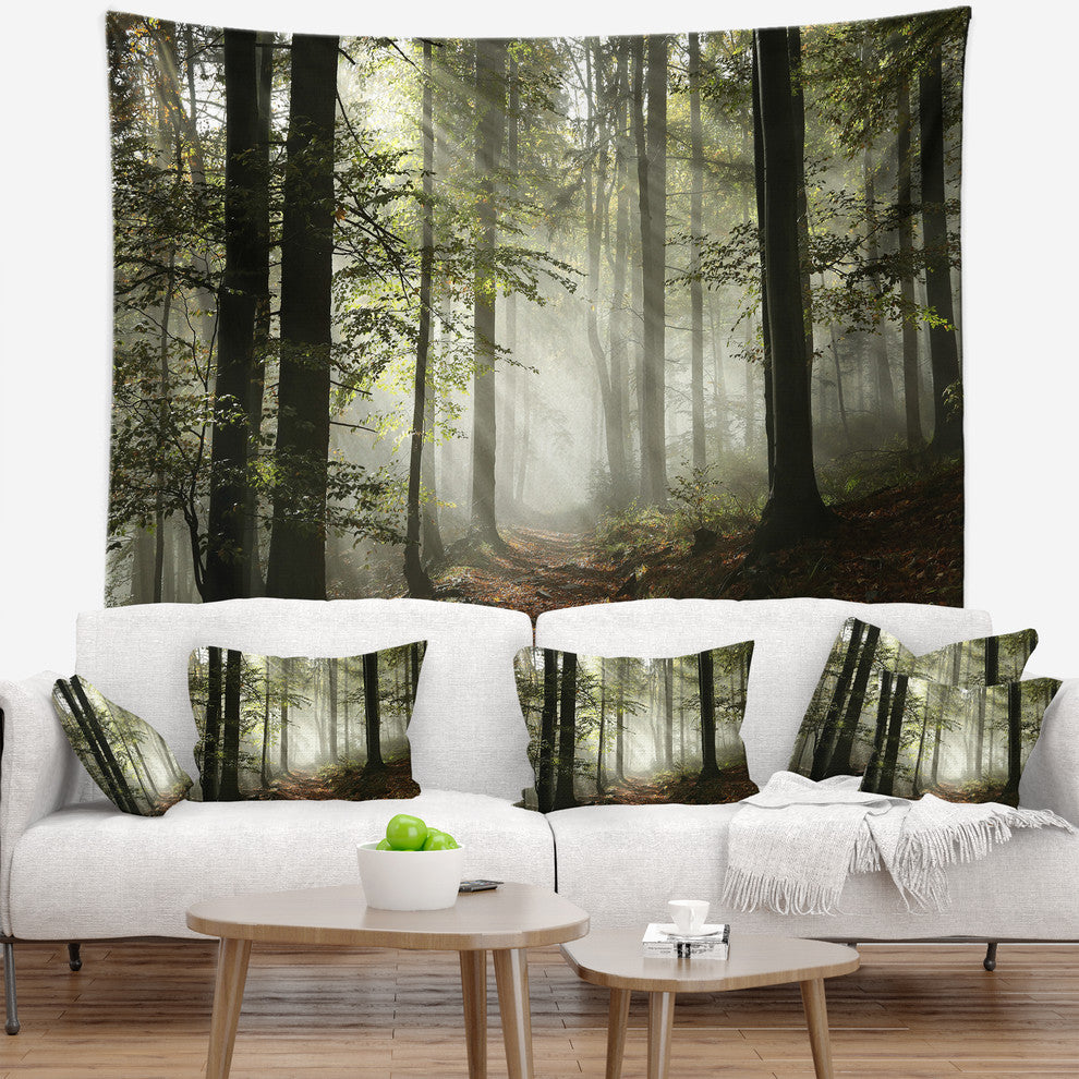 Light in Dense Fall Forest with Fog Landscape Wall Tapestry, 39"x32"