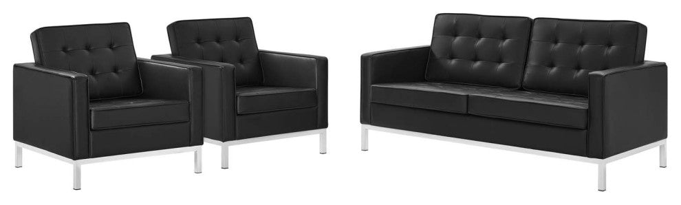 Tufted Armchair and Loveseat Sofa Set, Faux Leather, Silver Black, Modern