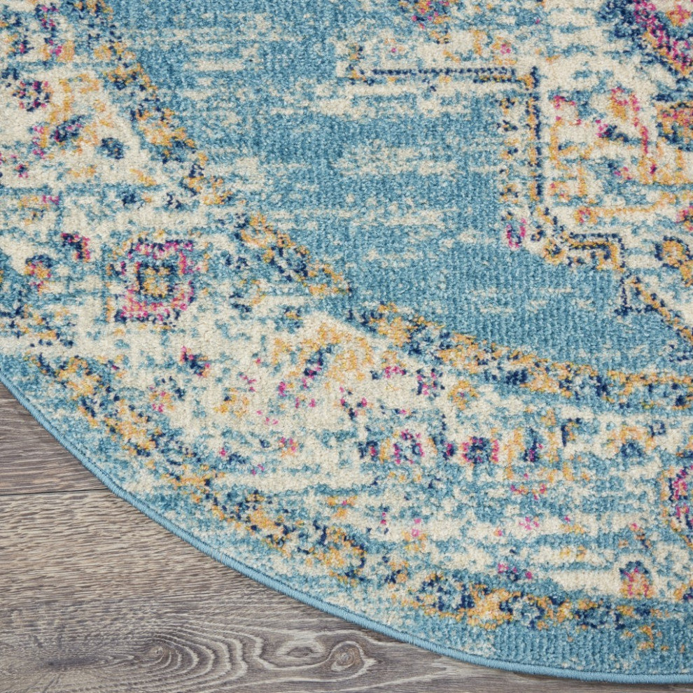 5' Light Blue Round Southwestern Power Loom Area Rug