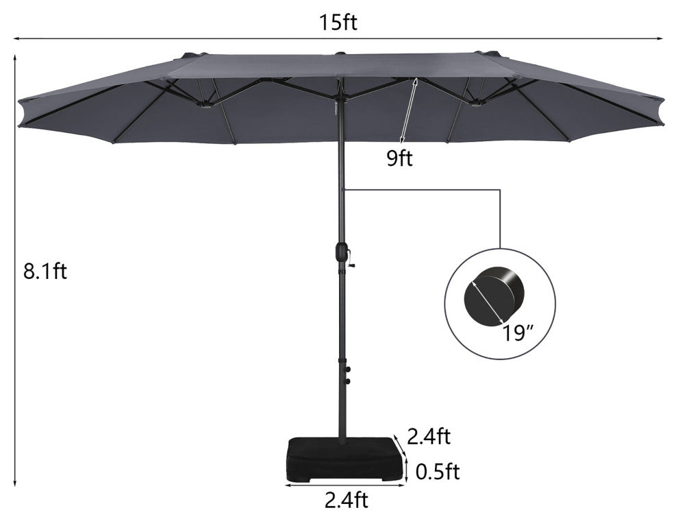 15FT Double-Sided Twin Patio Umbrella Sun Shade Outdoor Crank Market Base Grey