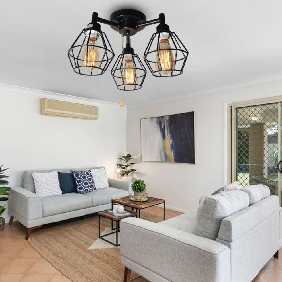 3 Light Industrial Pull Chain Ceiling Light Fixture, Black Cage Flush Mount