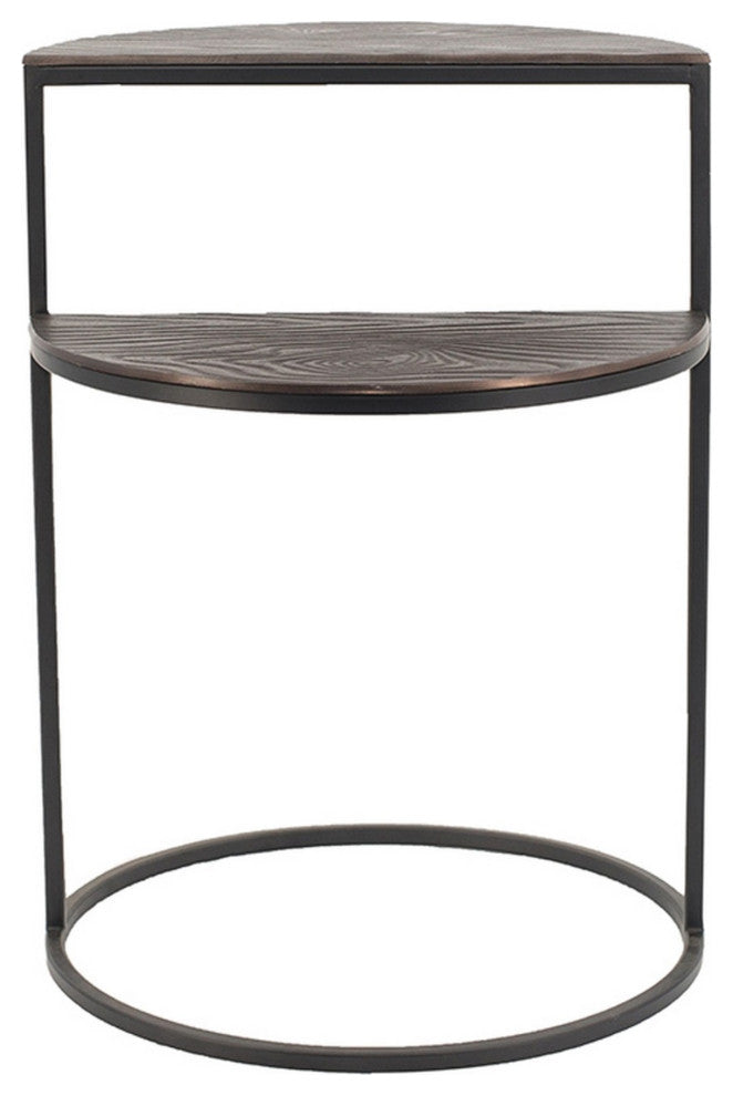 22 Inch Modern Metal Round Accent Table, 2 Half Circle Shelves, Wood, Brown