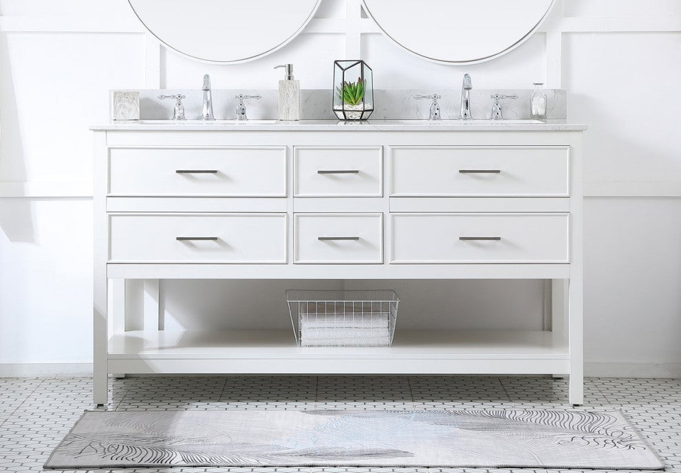 Elegant VF19060DWH-BS 60"Double Bathroom Vanity, White With Backsplash