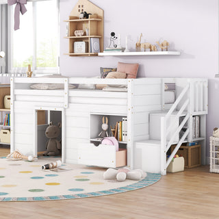 Gewnee SOLID WOOD TWIN SIZE LOW LOFT BED WITH STAIR