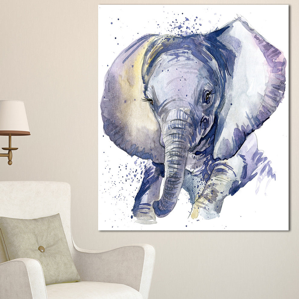 Baby Elephant Blue Watercolor, Abstract Canvas Art Print, 30"x40"