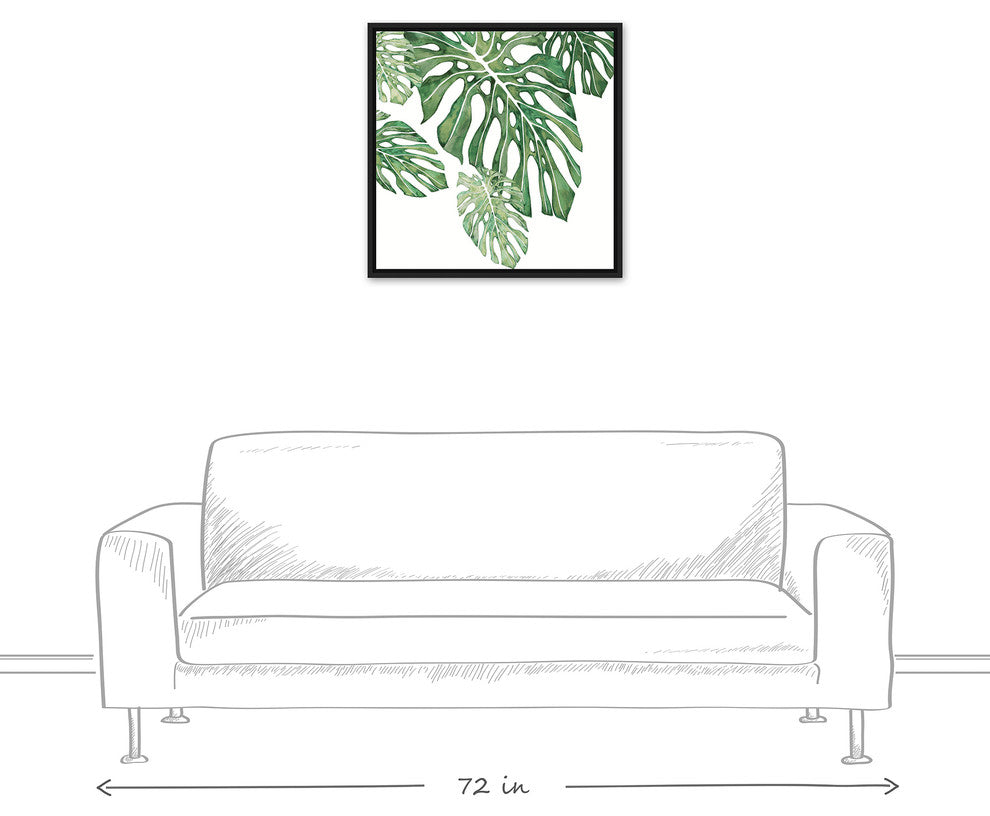 Green Tropical Leaves 24x24 Black Floating Framed Canvas