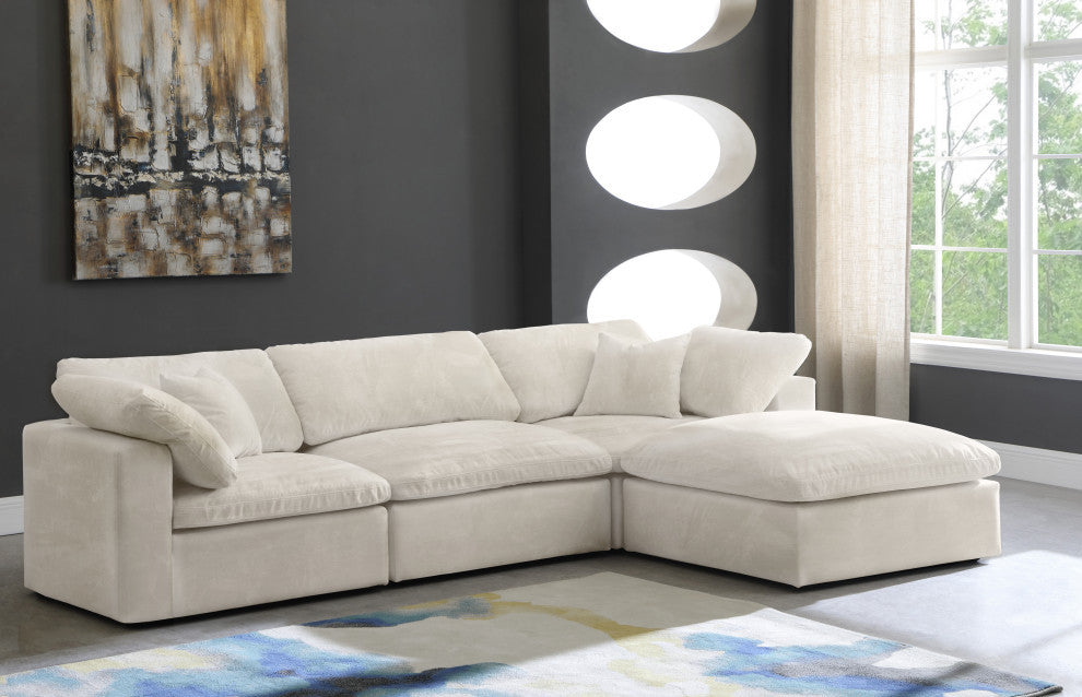 Cozy Velvet Upholstered Comfort L-Shaped Modular Sectional, Cream, 4-Piece: 1 Armless Chair, 2 Corner Chair, 1 Ottoman