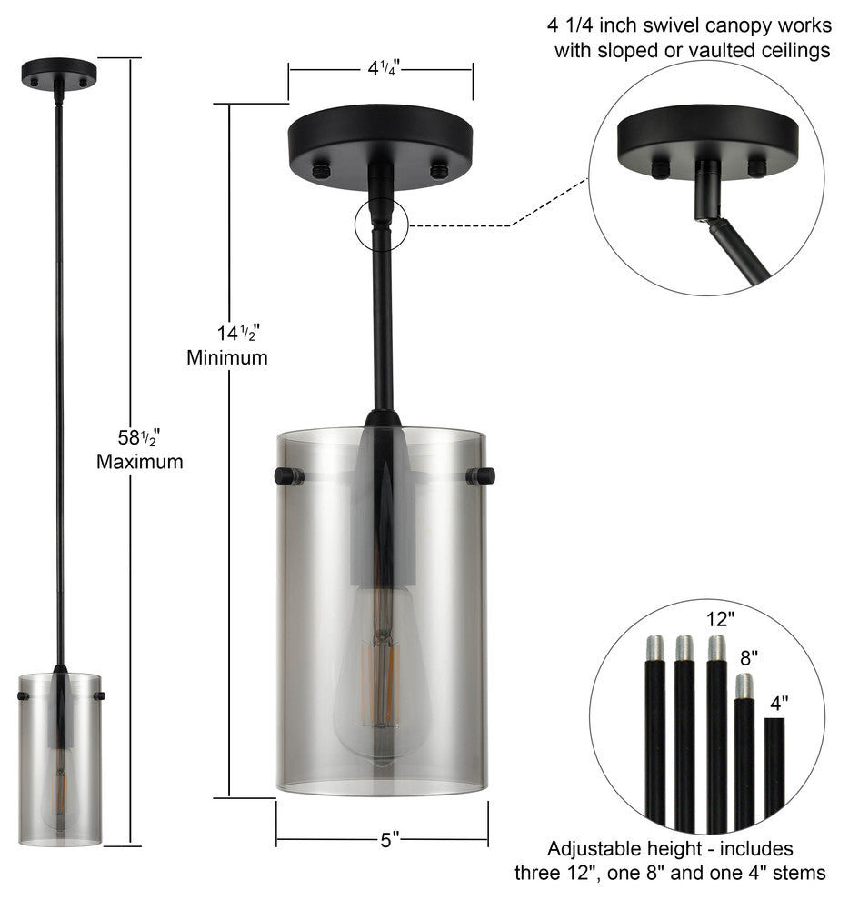 Effimero 1-Light Stem Hung Pendant Lamp, Brushed Nickel With Smoke Glass