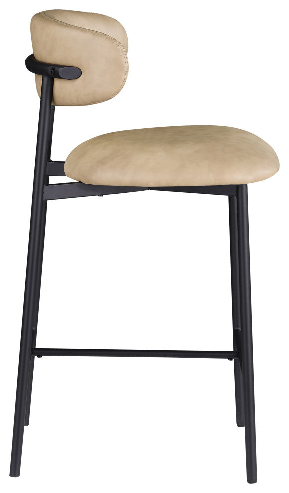 Lupita Upholstered Counter Stool, Tan, Vegan Leather, Matte Black, Set of 2