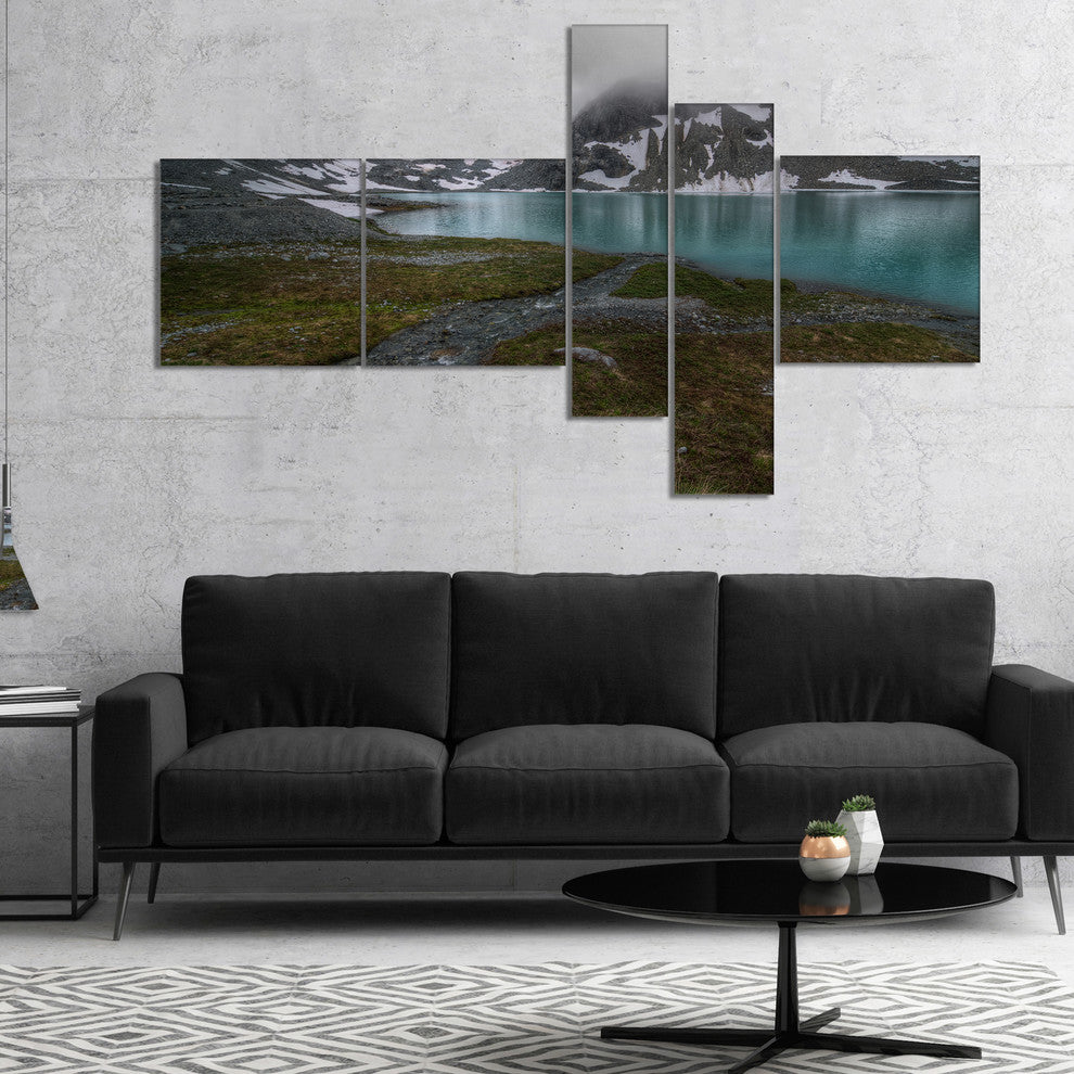 Turquoise Mountain Lake with Clouds, Landscape Canvas Print, 60"x32", 5 panels