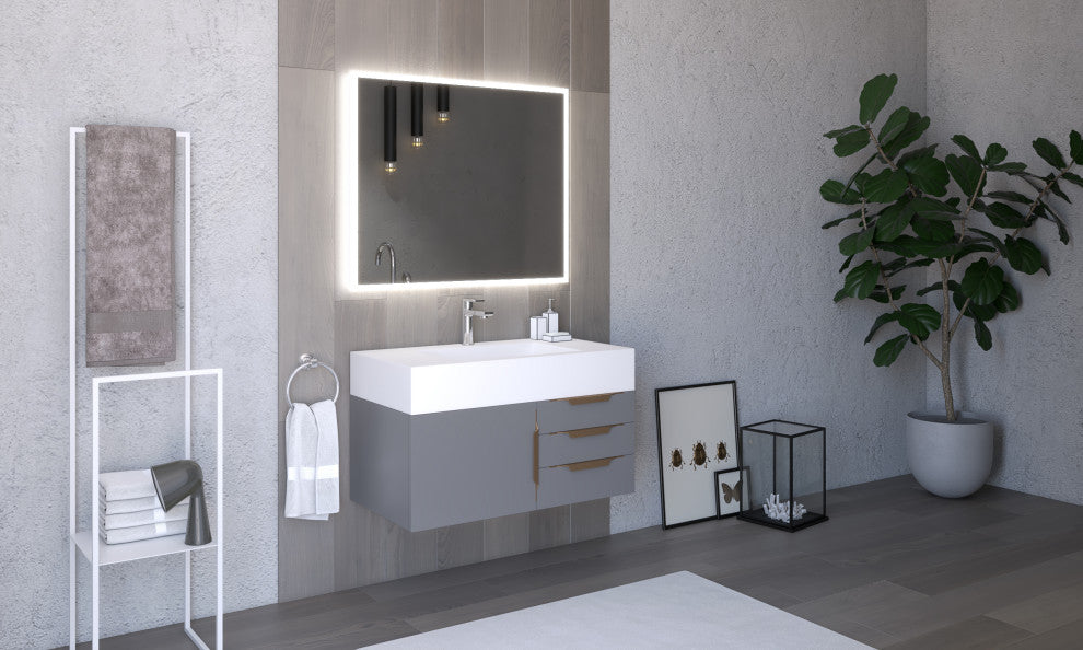 CastelloUSA Nile 36" Wall Mounted Vanity Set, Gray, White Top, Gold Handles