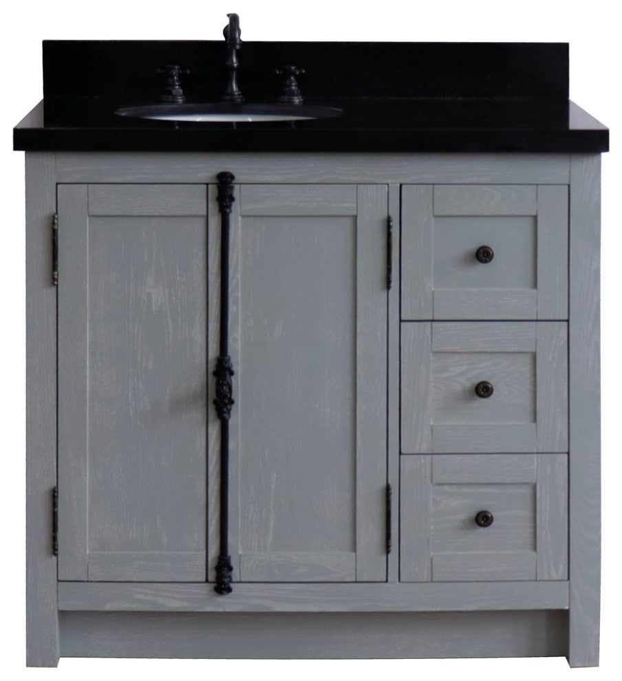 37" Single Vanity, Gray Ash With Black Galaxy Top, Left Doors/Left Oval Sink