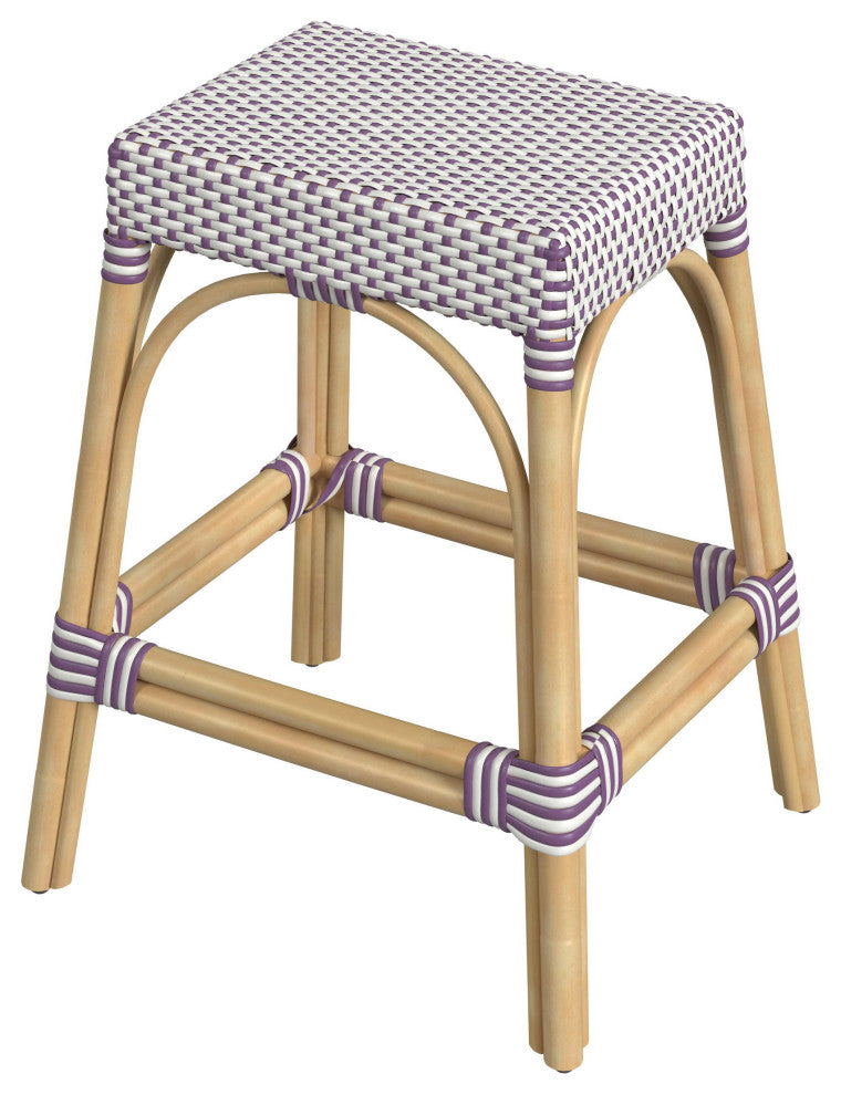 Robias Rectangular Rattan 24.5" Counter Stool, White and Purple Dot