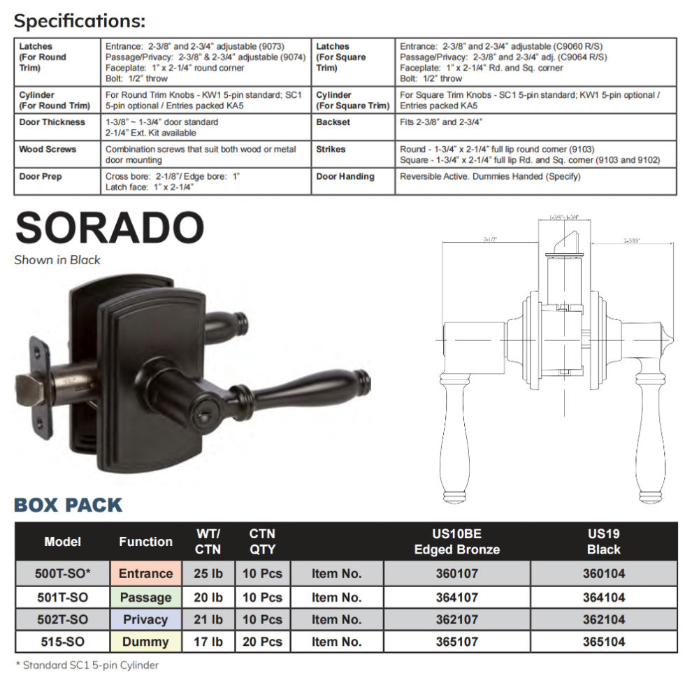 Delaney Hardware Italian Collection Sorado Series Keyed Entry Lever Set, Black