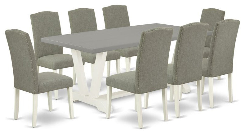 9-Piece Set Cement Color Table and 8 Linen Fabric Chairs, Linen White
