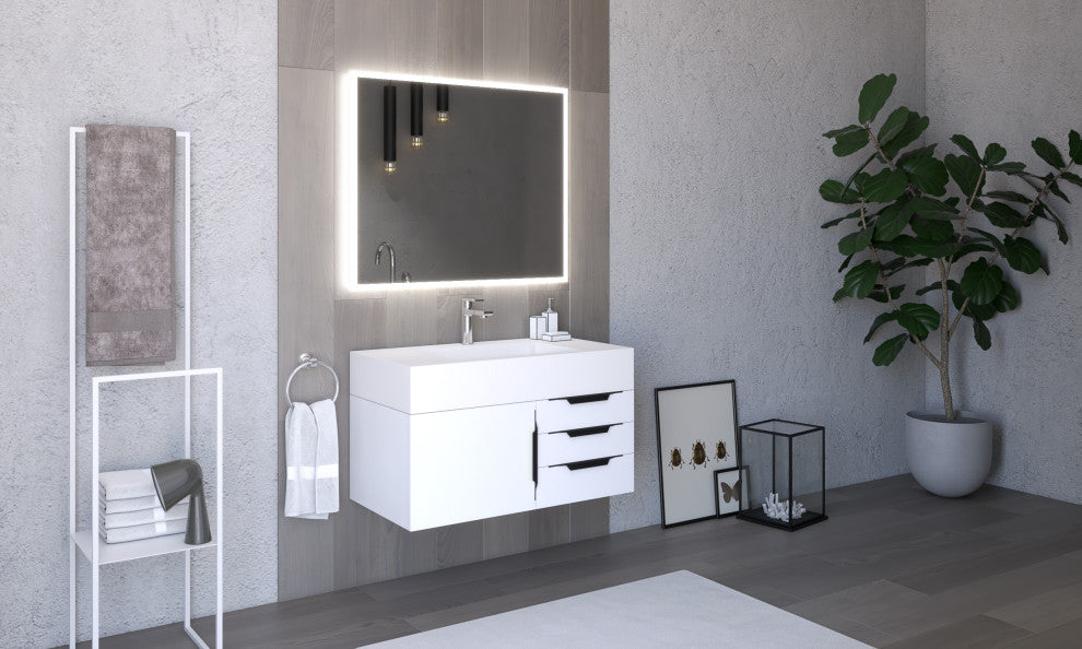 CastelloUSA Nile 36" Wall Mounted Vanity Set, White, White Top, Black Handles