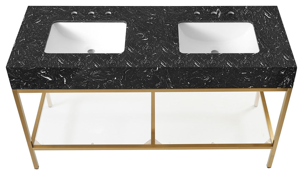 Marmo Bathroom Vanity, Black, 60" Wide, Brushed Brass Finish