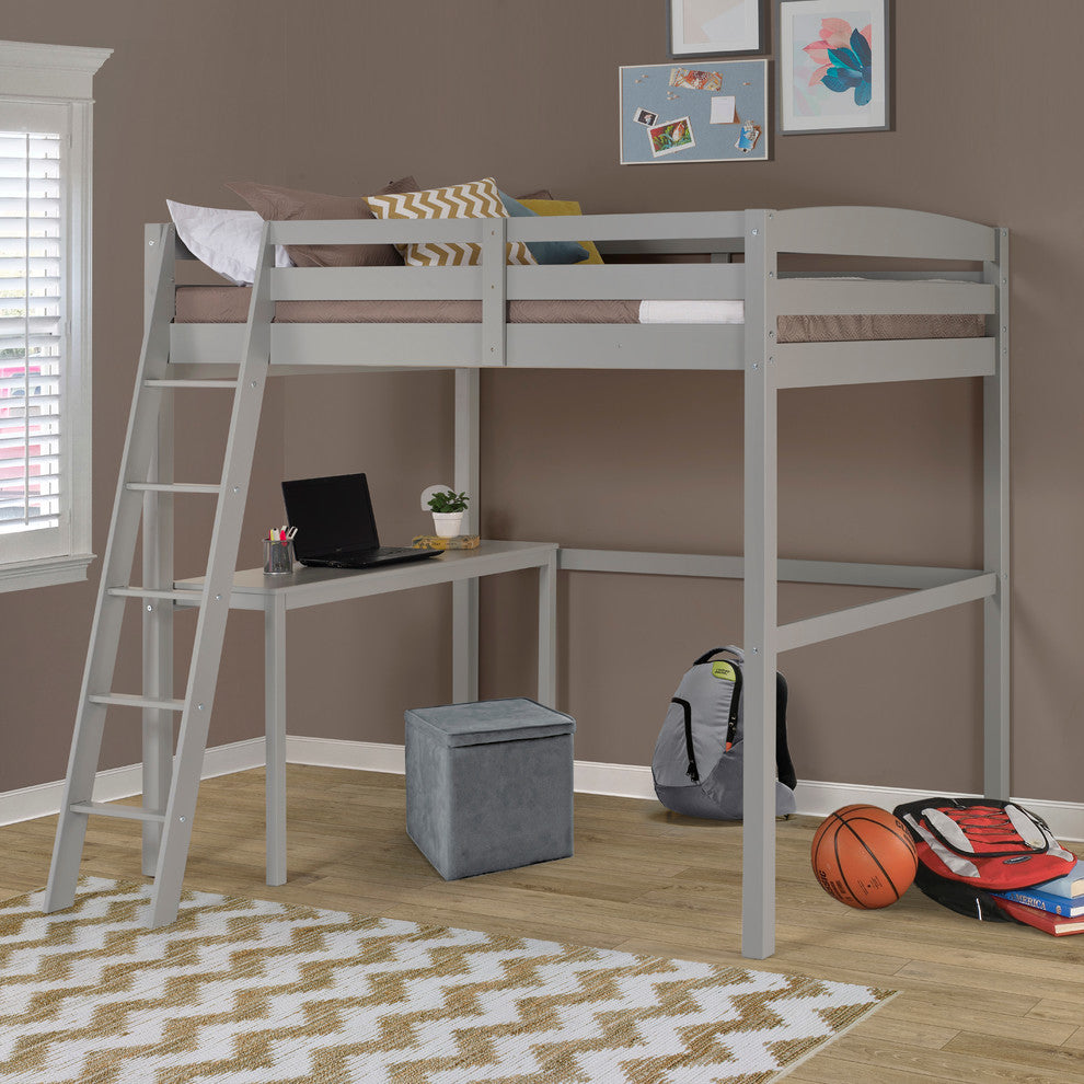 Concord Full Size High Loft Bed, Gray, With Desk