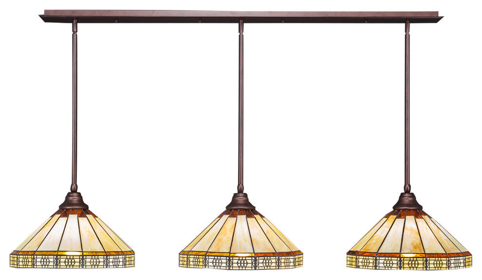 3 Light Mini Pendant In Bronze, 15" Honey and Brown Mission Tiffany Glass