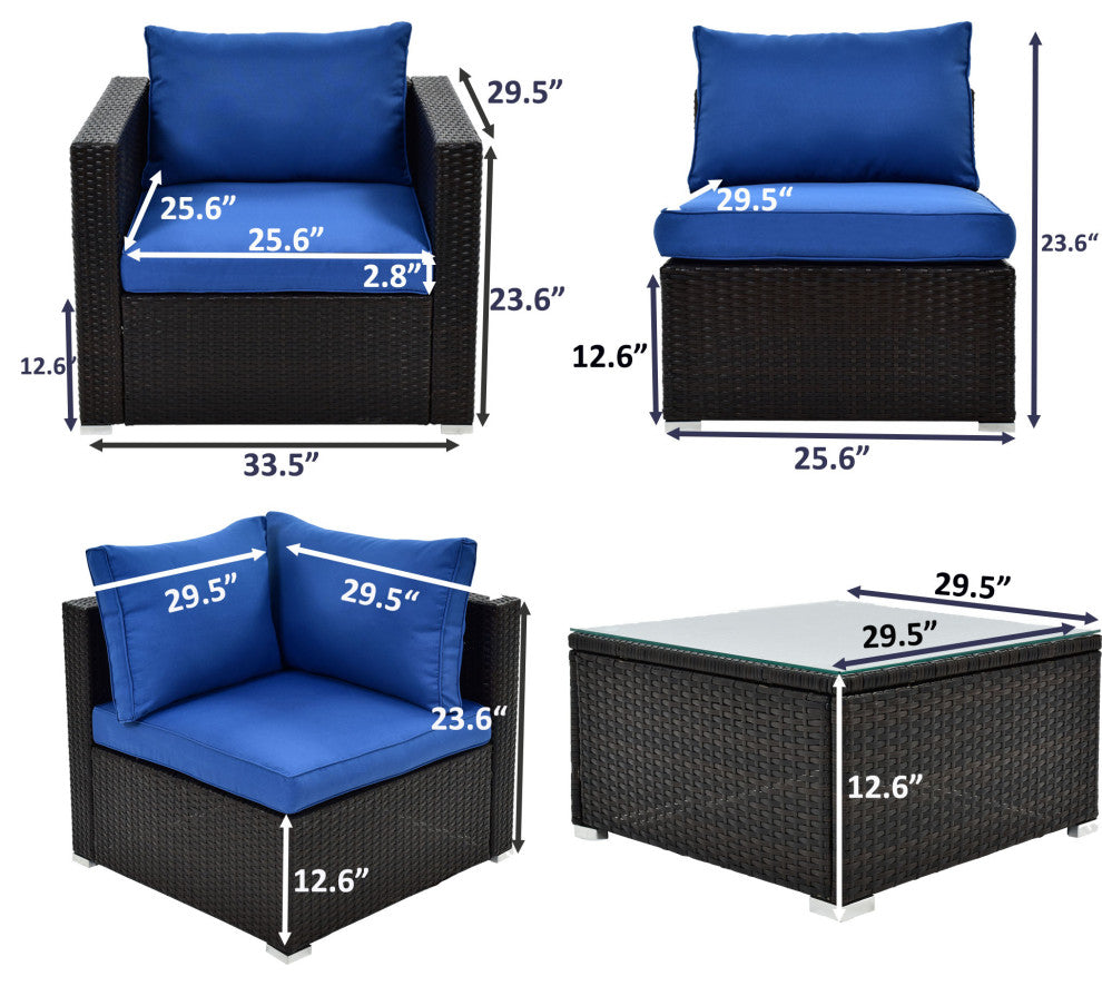 6 Pieces Outdoor Rattan Patio Sectional Sofa Set With Glass Table