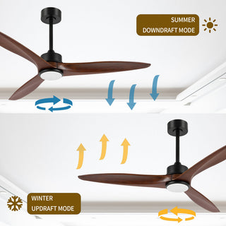 52" Solid Wood 3-Blade LED Ceiling Fan with Remote Control and Light Kit, Black/Walnut