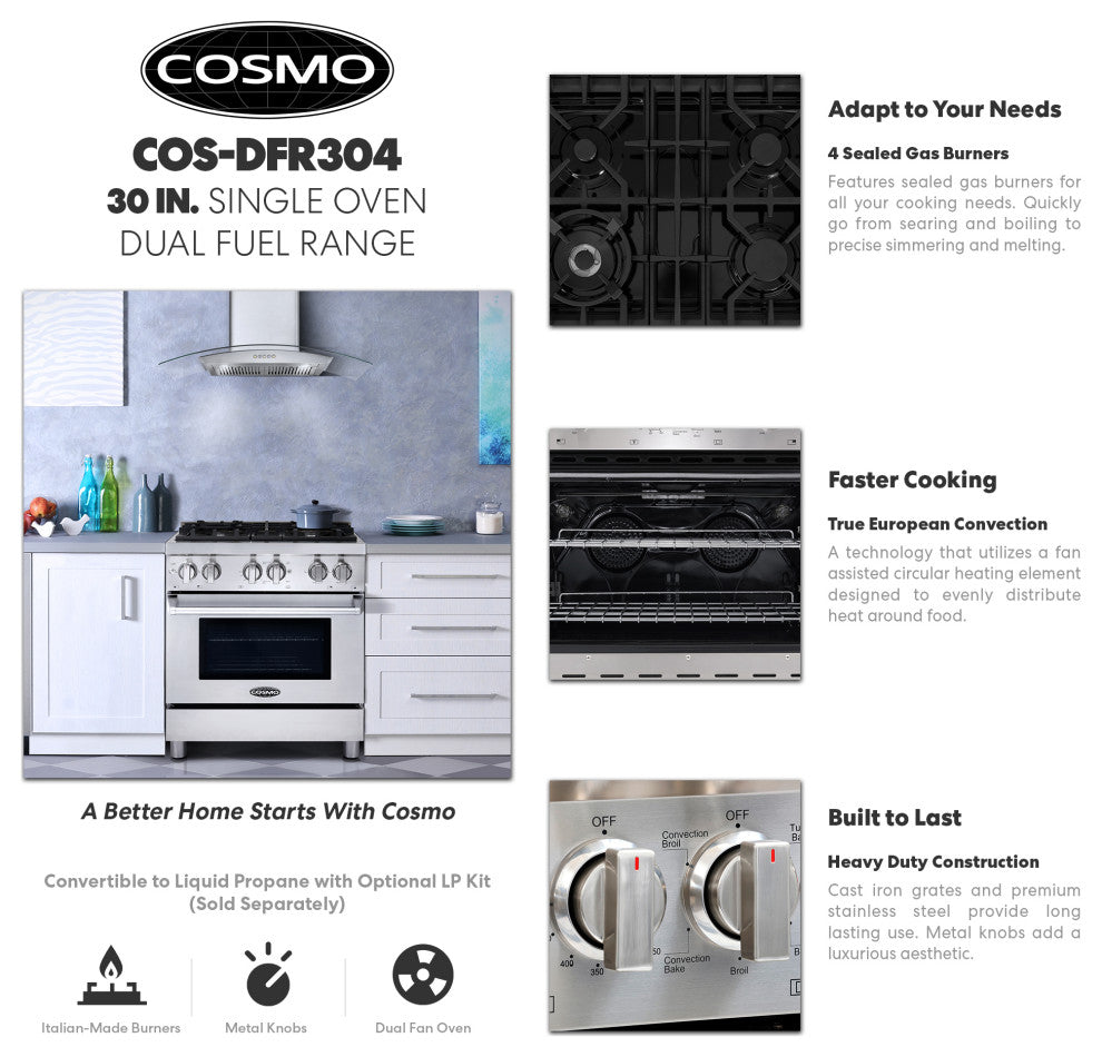 30" Dual Fuel Range With 4 Italian Gas Burners and Electric Convection Oven