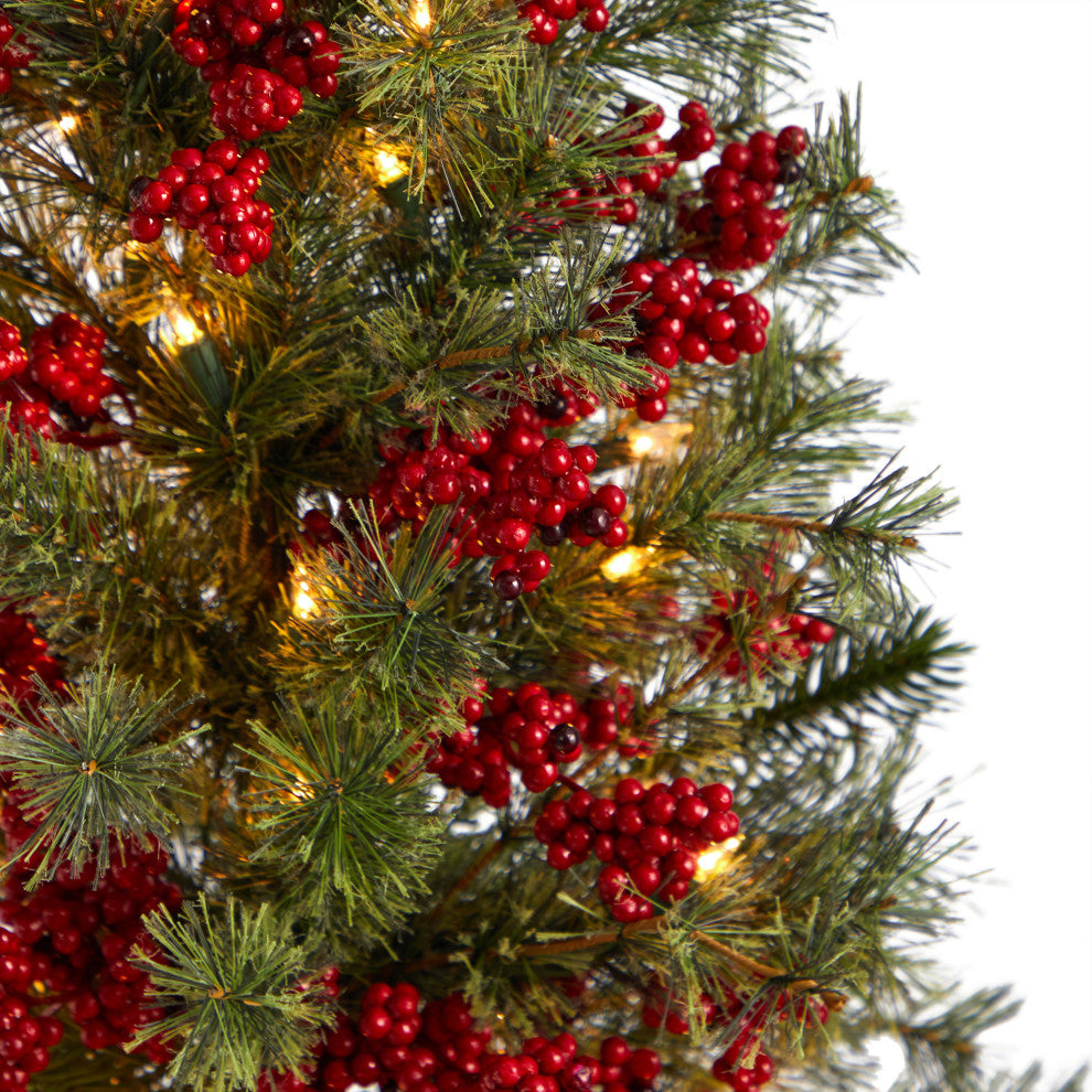 T3254 3 Berry and Pine Christmas Tree With 50 White Lights & Burlap Wrapped Base