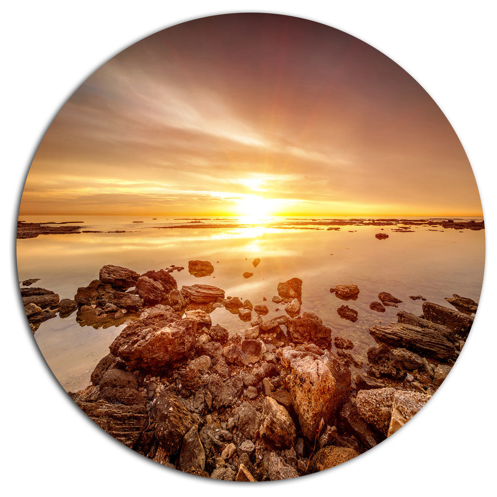 Beautiful Sunset Over Rocky Beach, Seashore Disc Metal Wall Art, 38"