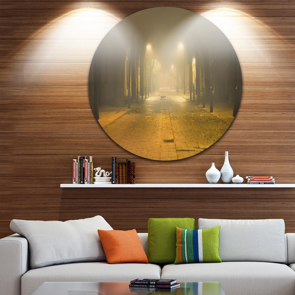 Urban Street At Night, Landscape Photo Disc Metal Artwork, 11"