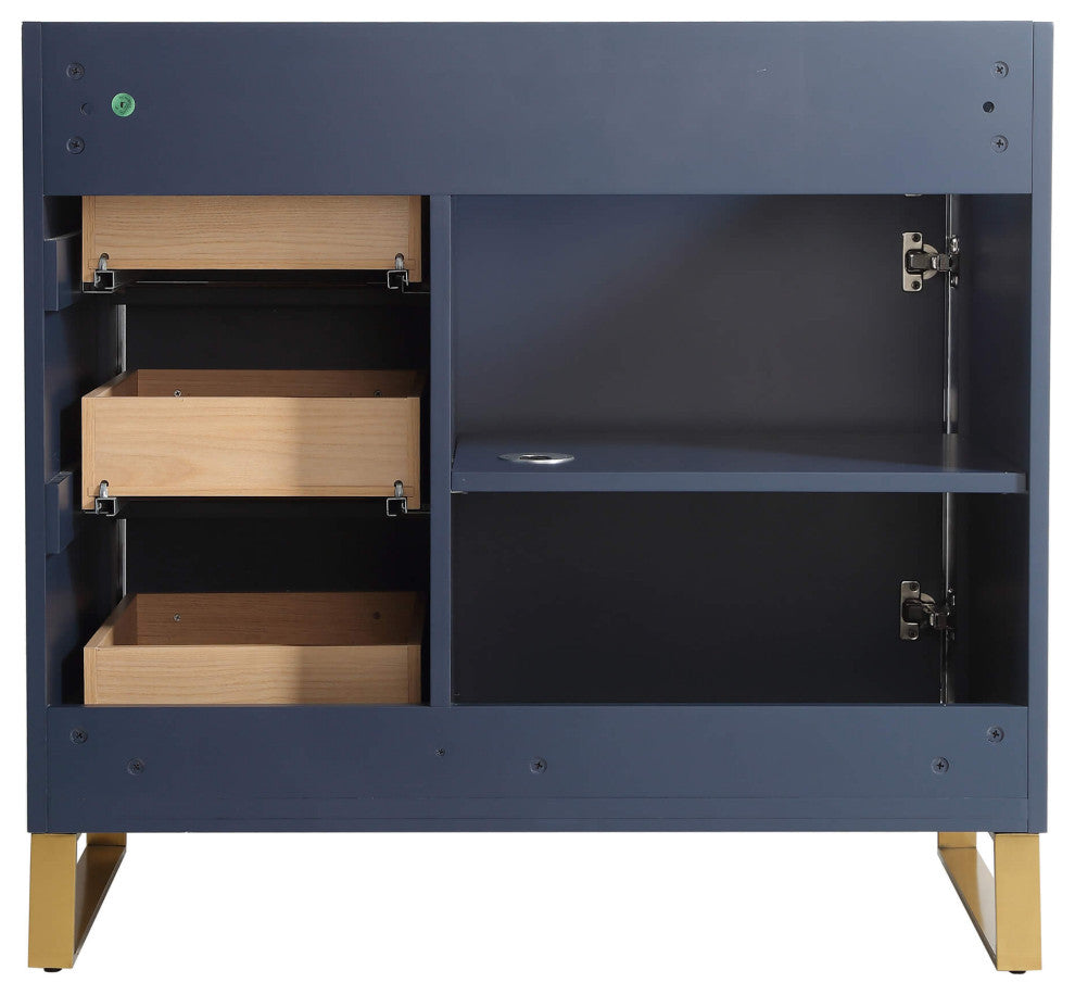 Opulence Bath Vanity, Navy Blue, 36", Satin Brass Hardware, White Carrara Top