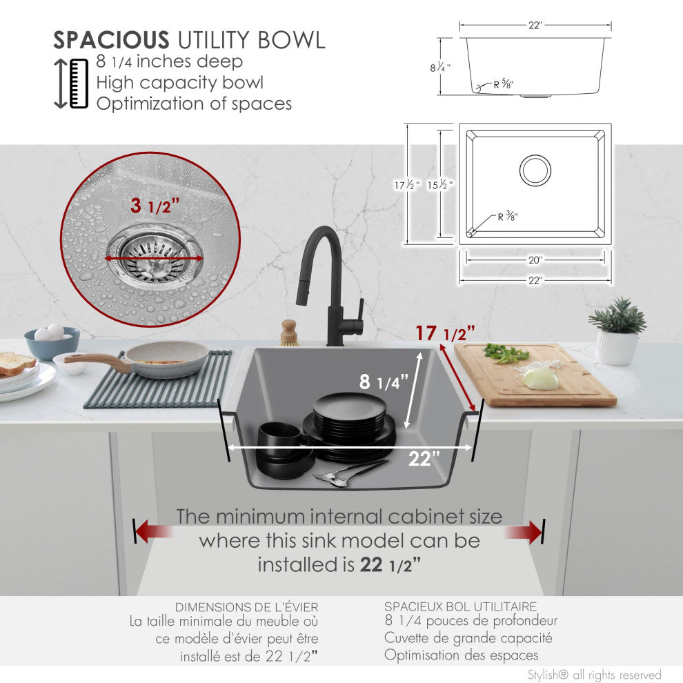 STYLISH 22"Dual Mount Single Bowl Gray Granite Kitchen Sink