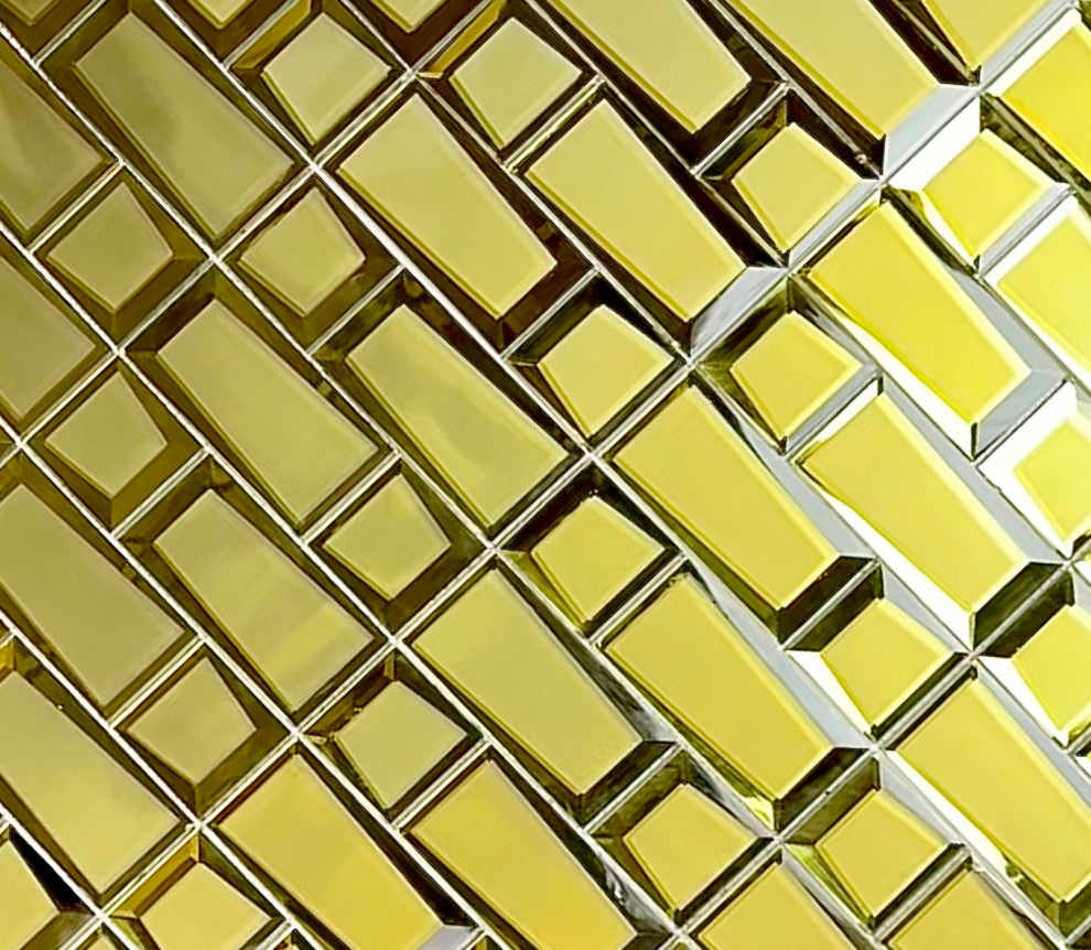 Reflections Frosted Gold 12"x 12" Beveled Brick Glass Mirror Mosaic Tile, Set of 11 Sheets