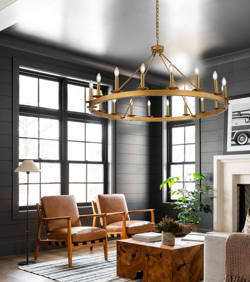 18-Light Wagon Wheel Chandelier Industrial Candle Pendant Lights, Gold