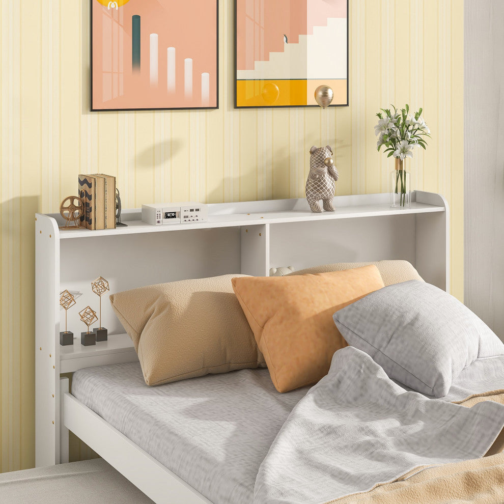 Full/Twin Wood Frame Platform Bed with Trundle and Drawers, White, Full