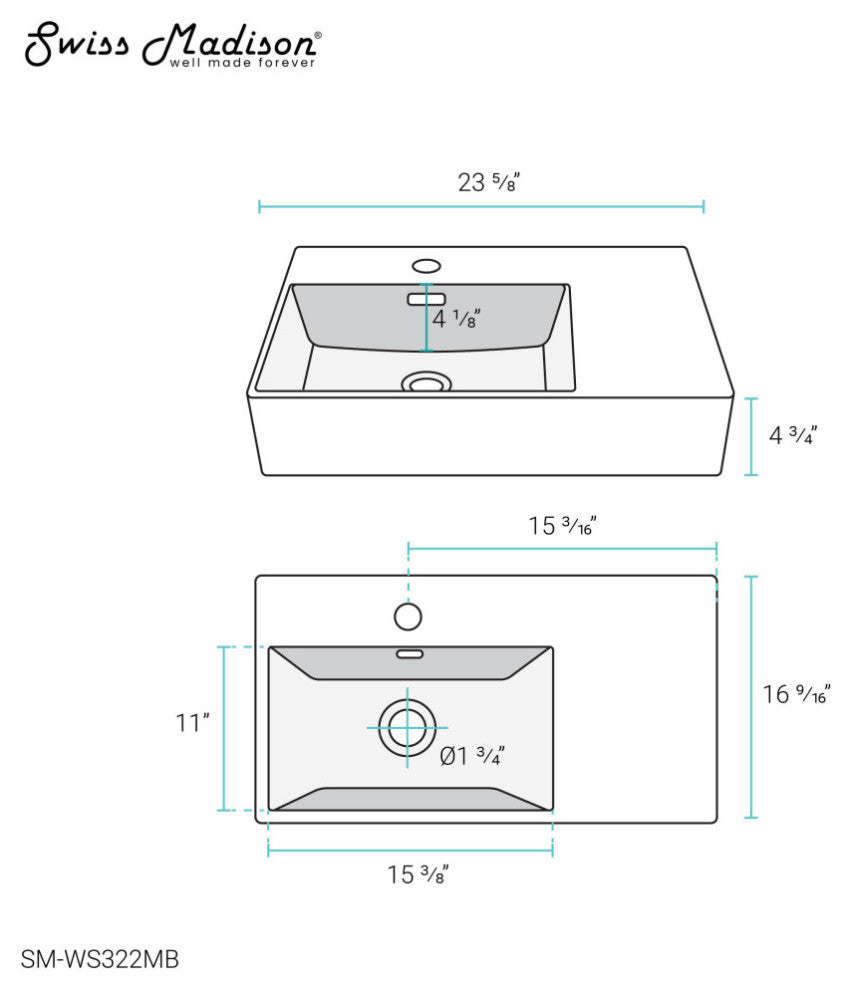 St. Tropez 24"x18" Ceramic Wall Hung Sink With Left Faucet Mount, Matte Black