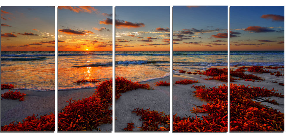 Beautiful Shore and Cloudy Sky, Landscape Canvas Print, 60"x28", 5 Panels