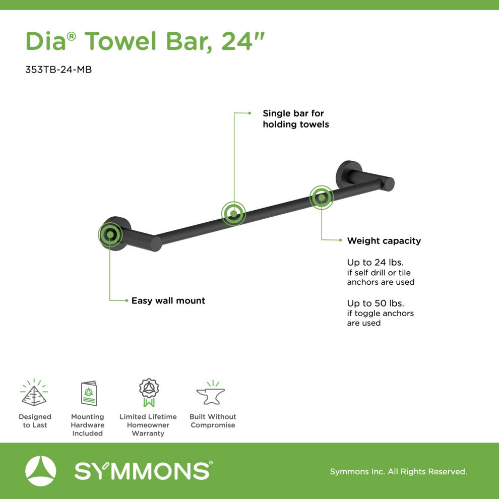 Dia 24 Inch Towel Bar with Mounting Hardware, Matte Black