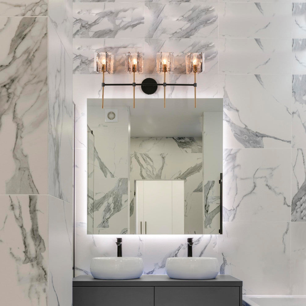 LNC Tucana Polished Gold and Matte Black Modern Wall Sconce, Textured Glass, 4 Lights