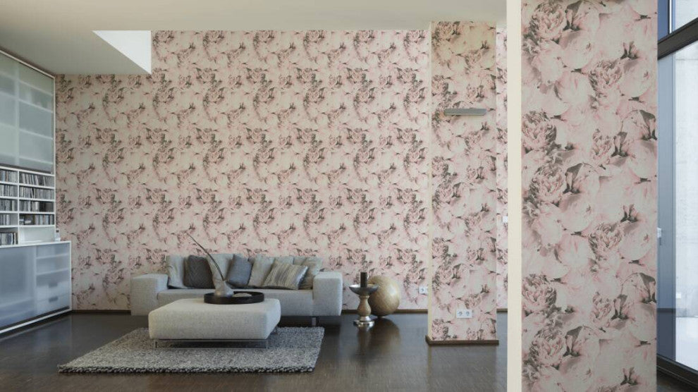 Floral Textured Wallpaper, Peony Flowers, 373982, Pink Rose Beige, 1 Roll