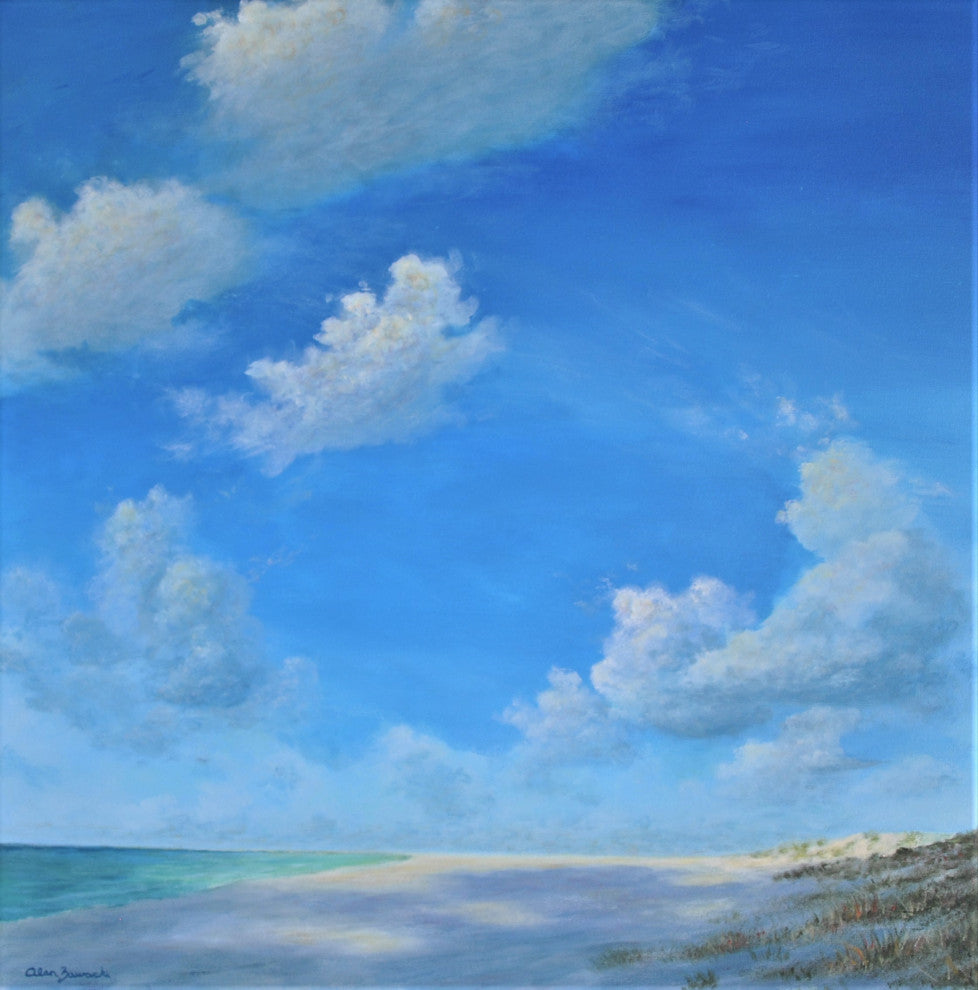 Large Original Beach Seascape Painting With Billowing Clouds