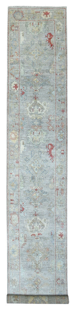 Gray Afghan Angora Oushak with Touches of Red Hand Knotted Wool Rug, 2'10"x17'0"