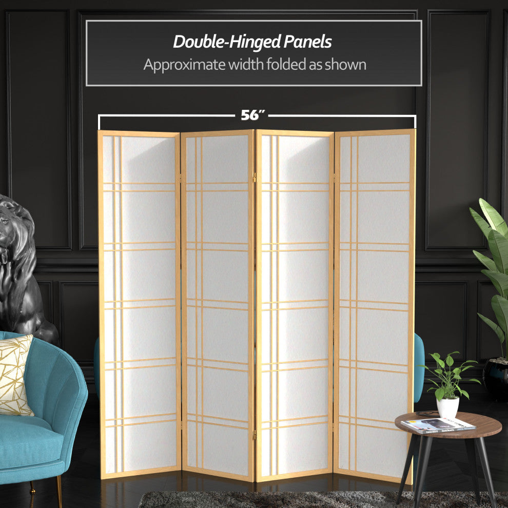 6' Tall Double Cross Shoji Screen, Natural, 4 Panels