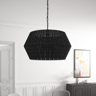 Matte Black 6-Light Natural Handwoven Rattan Pendant Light