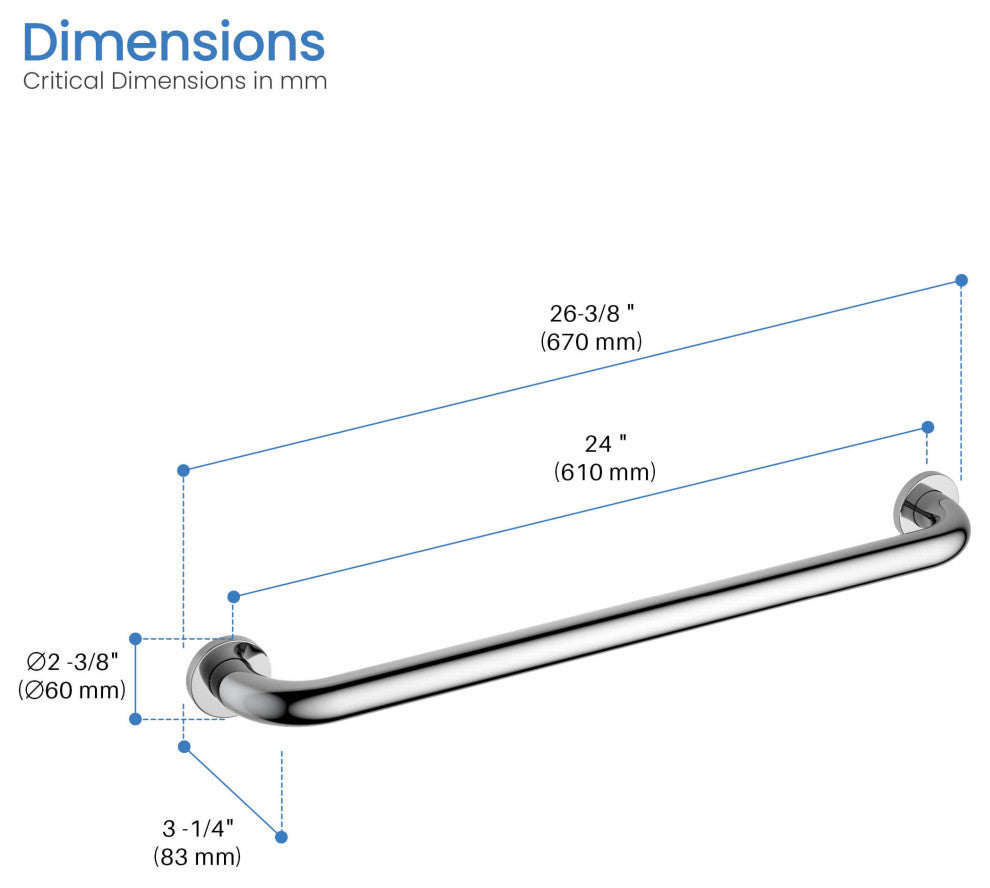 24" Stainless Steel Bathroom Safety Grab Bar, Chrome
