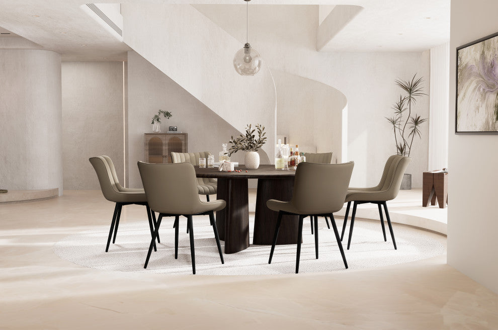 Younike Dining Chair Set of 2, Liner Pattern Faux Leather, Khaki