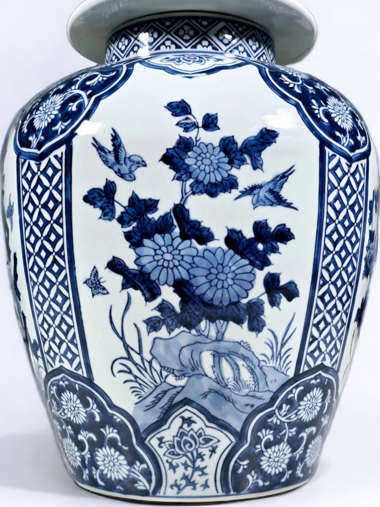 17" Porcelain Ginger Jar With Floral Design, Blue and White