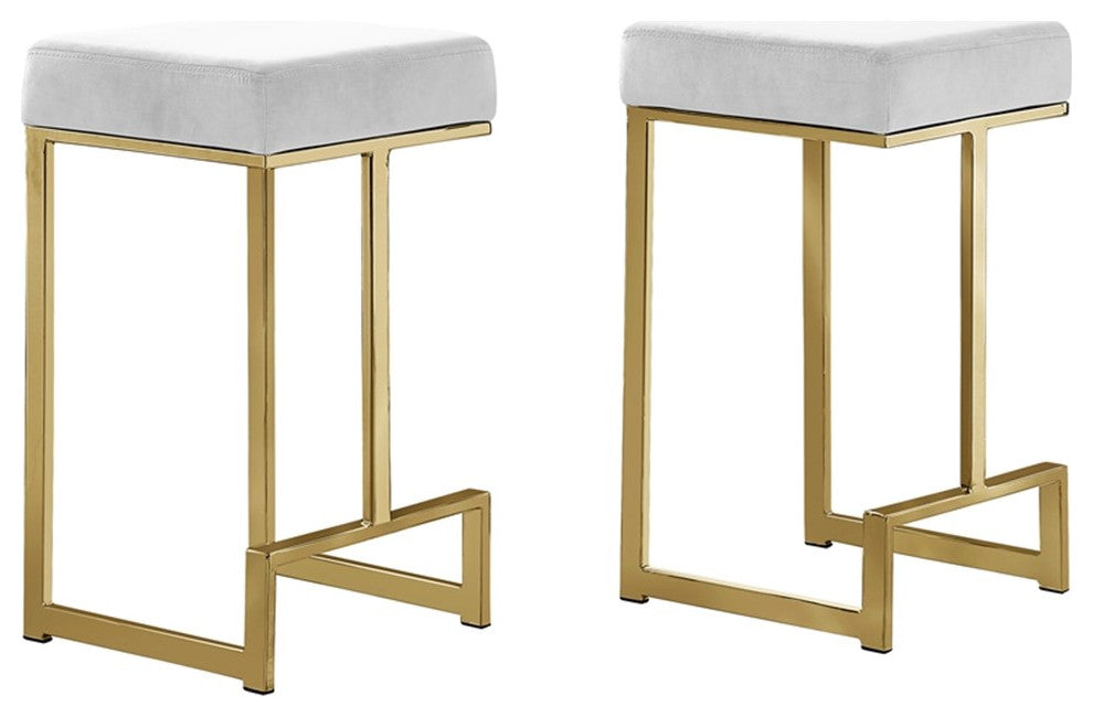 Pemberly Row Velvet Backless Counter Height Stool in White/Gold (Set of 2)