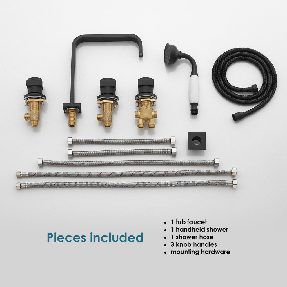 Vikran Triple Handle Deck-Mount Roman Tub Faucet Trim With Handshower, Matte Black